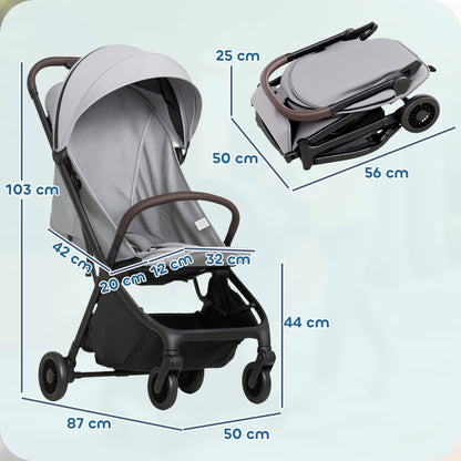 Foldable Baby Stroller with Adjustable Seat, 5-Point Harness, Canopy, Basket, 6.3kg Lightweight & Compact, Light Grey