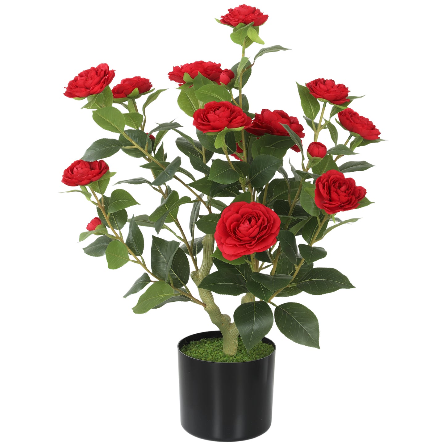 65cm Artificial Camellia Flower Plant in Pot with 116 Lush Leaves & Moss Effect, Red