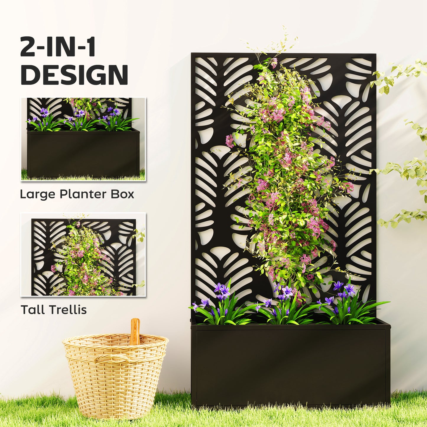 Metal Garden Bed for Garden with Trellis, Wall Mounted or Freestanding Raised Planter with Privacy Screen