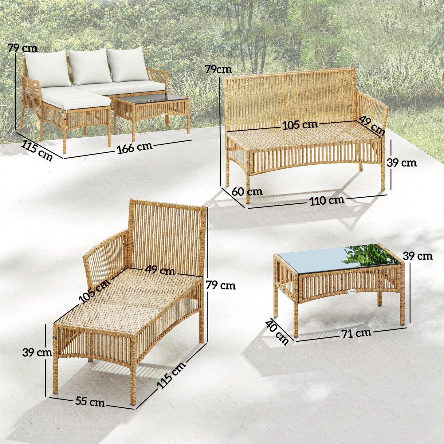 3 Piece Rattan Garden Furniture Corner Sofa Set with Chaise Lounge, Loveseat, Glass Coffee Table, Cushions, Natural Wood