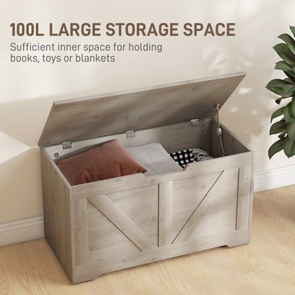 100L Home Storage Box, with Safety Hinge - Grey Wood-Effect