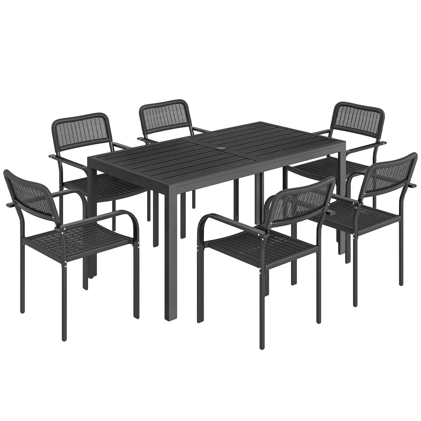 Garden Dining Set for 6, Faux Wood Metal Outdoor Table and Stackable Chairs with Plastic Rattan Effect Seat, Black