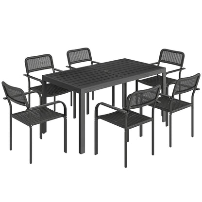 Garden Dining Set for 6, Faux Wood Metal Outdoor Table and Stackable Chairs with Plastic Rattan Effect Seat, Black