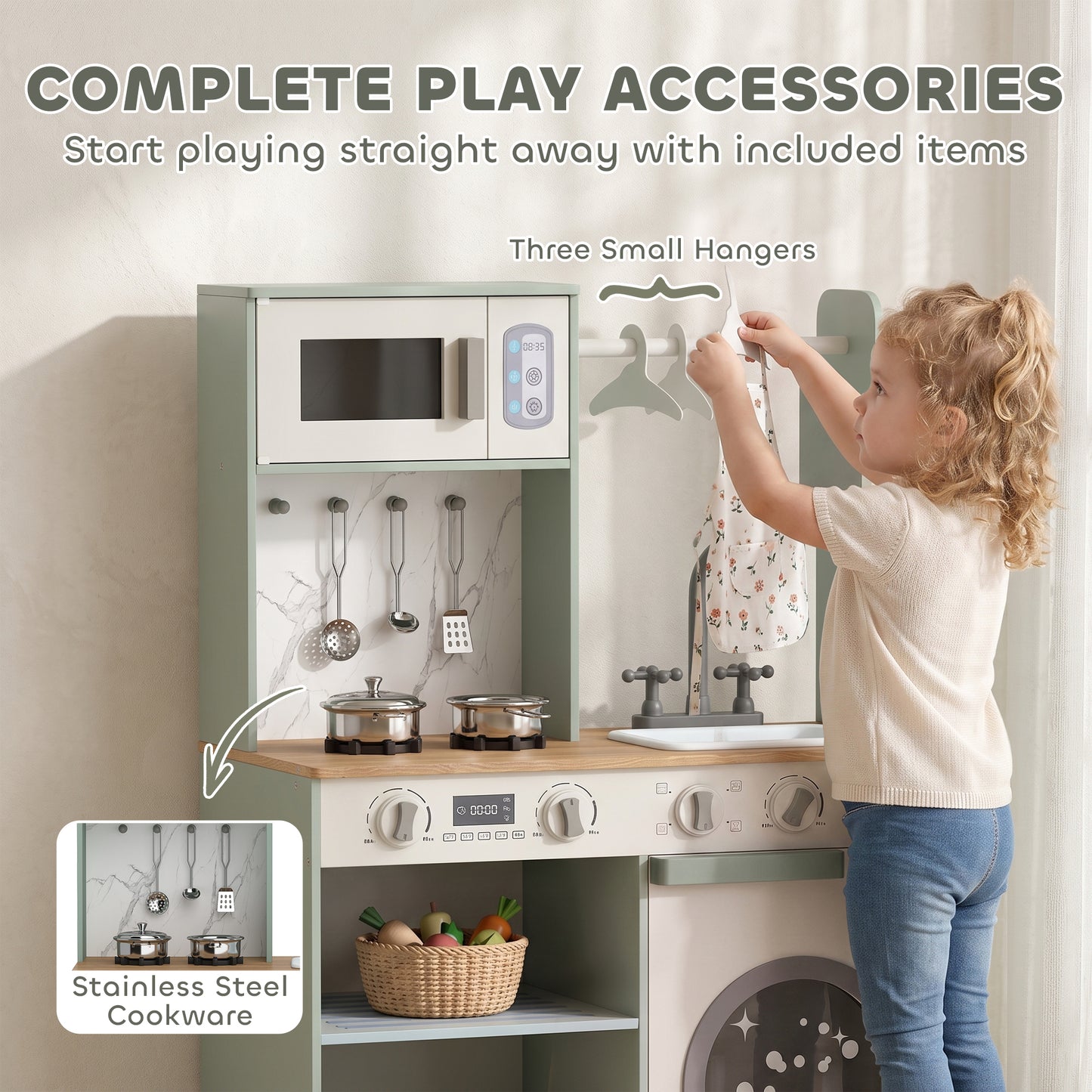 Kids Play Kitchen, Pretend Play Toy Kitchen Playset with Stove, Sink, Microwave, 5Pcs Accessories for 3-6 Years, Green
