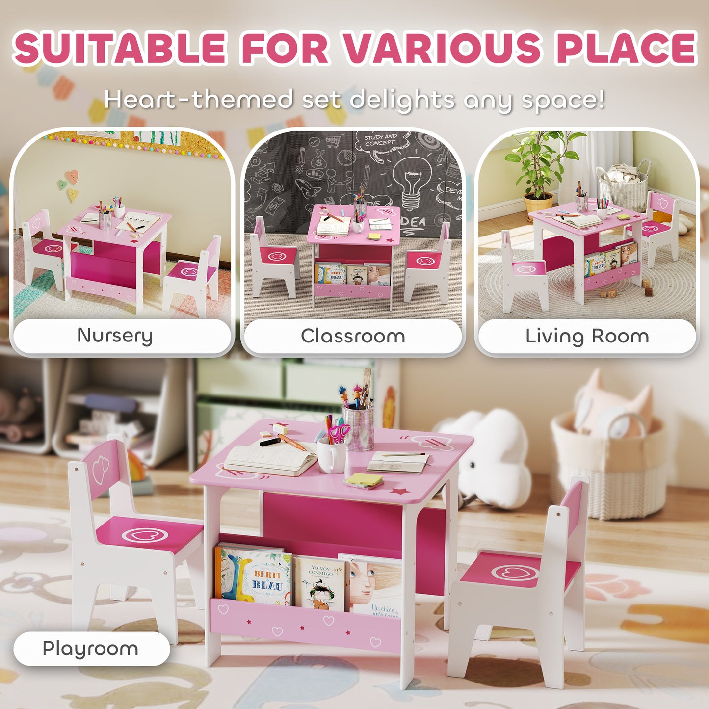 3 Pieces Kids Table and Chair Set, Toddler Activity Table with Bookshelves, for Living Room, Nursery, Playroom, Pink