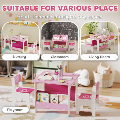 3 Pieces Kids Table and Chair Set, Toddler Activity Table with Bookshelves, for Living Room, Nursery, Playroom, Pink