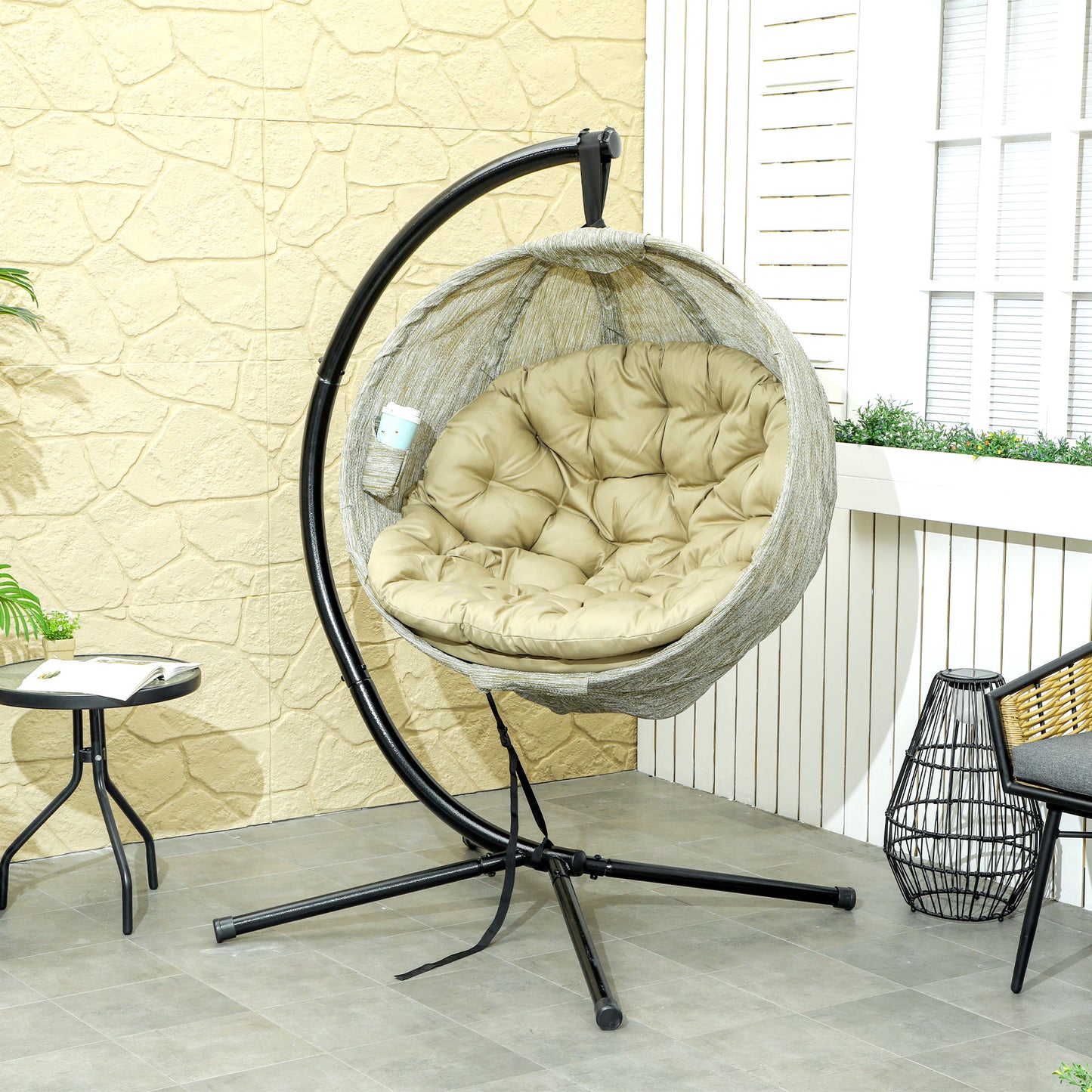 Hanging Egg Chair Outdoor Indoor Garden Swing Chair with Folding Basket, Thickened Cushion, Cup Holder for Patio, Balcony