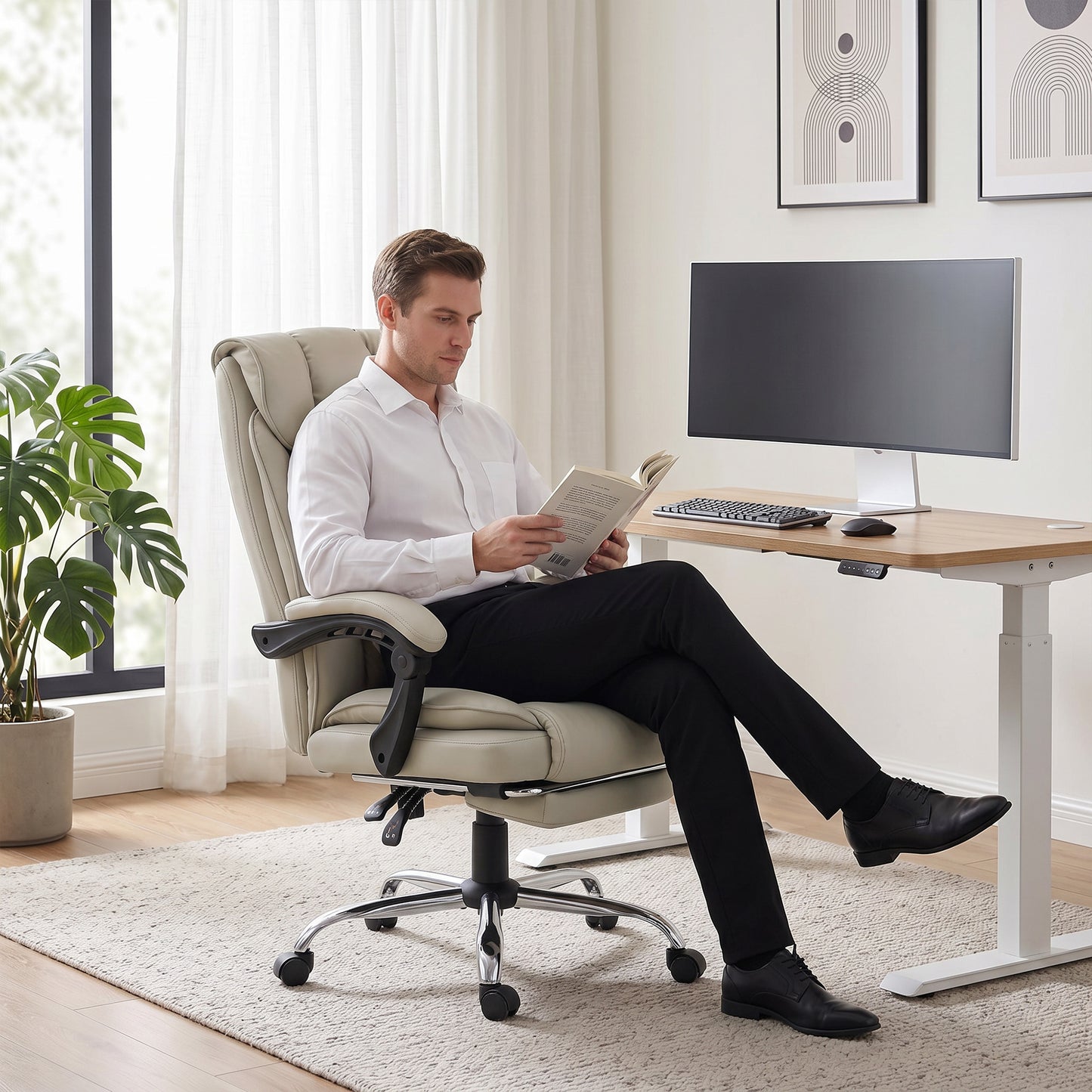 Pet-Friendly Faux Leather Computer Desk Chair, Executive Office Chair with Footrest and Double-Layer Padding, Khaki