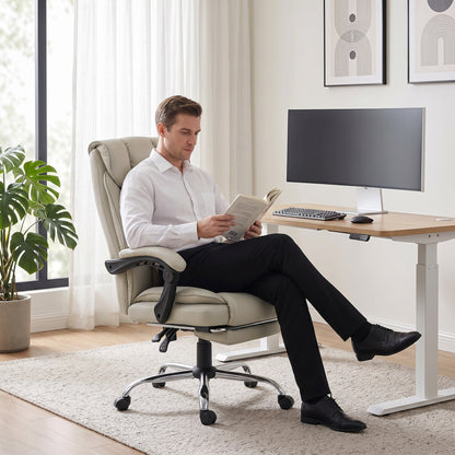 Pet-Friendly Faux Leather Computer Desk Chair, Executive Office Chair with Footrest and Double-Layer Padding, Khaki
