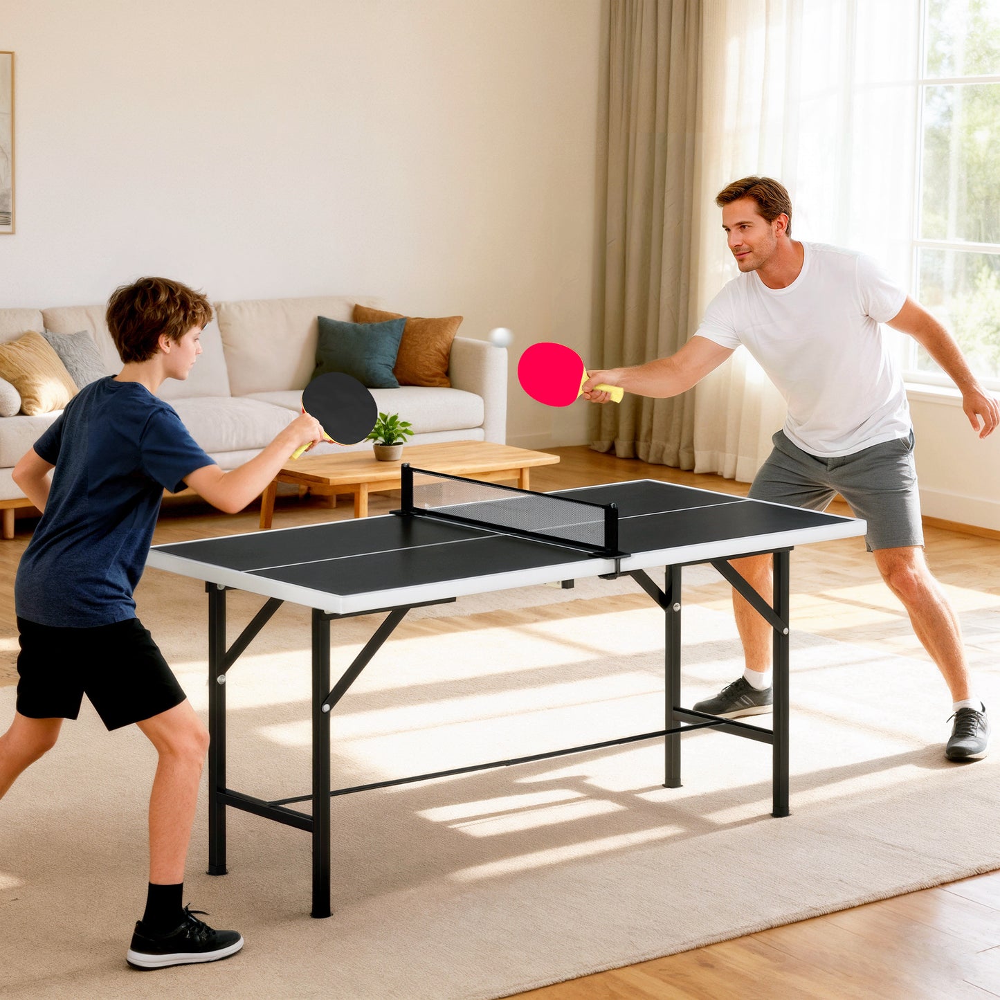 5ft Mid-Size Table Tennis Table, Ping Pong Table with Net, 2 Table Tennis Paddles and 3 Balls for Indoor Game, Black