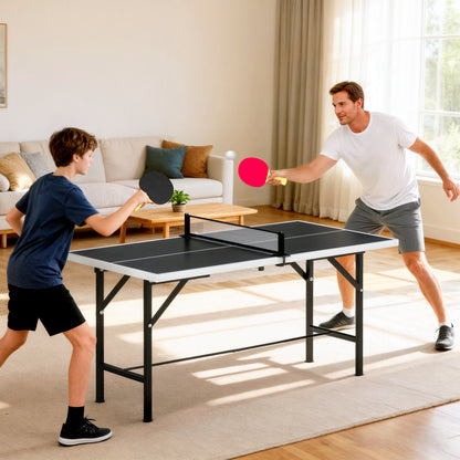 5ft Mid-Size Table Tennis Table, Ping Pong Table with Net, 2 Table Tennis Paddles and 3 Balls for Indoor Game, Black