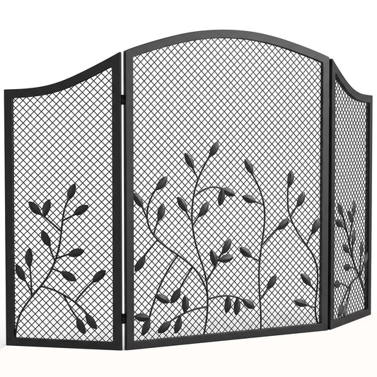 3-Panel Folding Fireplace Screen for Hearth Protection, Heat-Resistant Metal Fire Spark Guard, Black