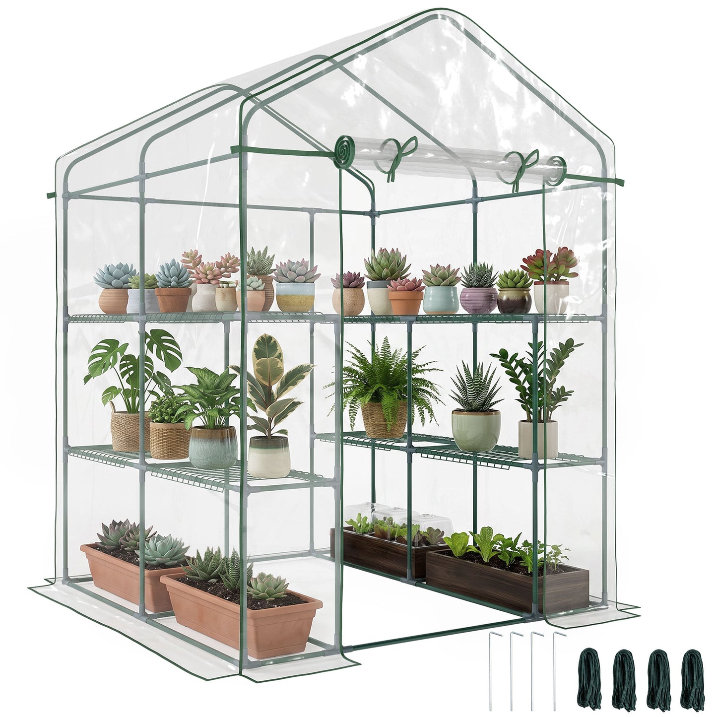 Walk in Greenhouse with 3-Tier 8 Shelves, Green House with Hemmed Cover, Roll-up Zipped Door, Steel Frame, 143 x 143 x 195cm
