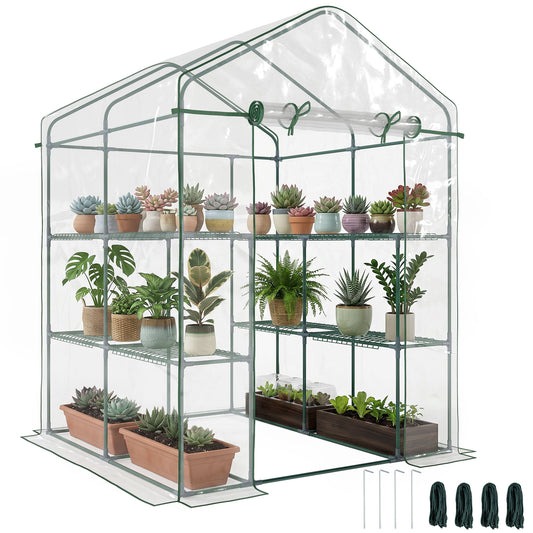 Walk in Greenhouse with 3-Tier 8 Shelves, Green House with Hemmed Cover, Roll-up Zipped Door, Steel Frame, 143 x 143 x 195cm