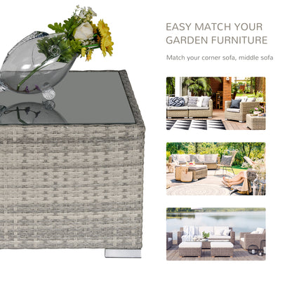 Square PE Wicker Rattan Table, with Glass Top - Light Grey