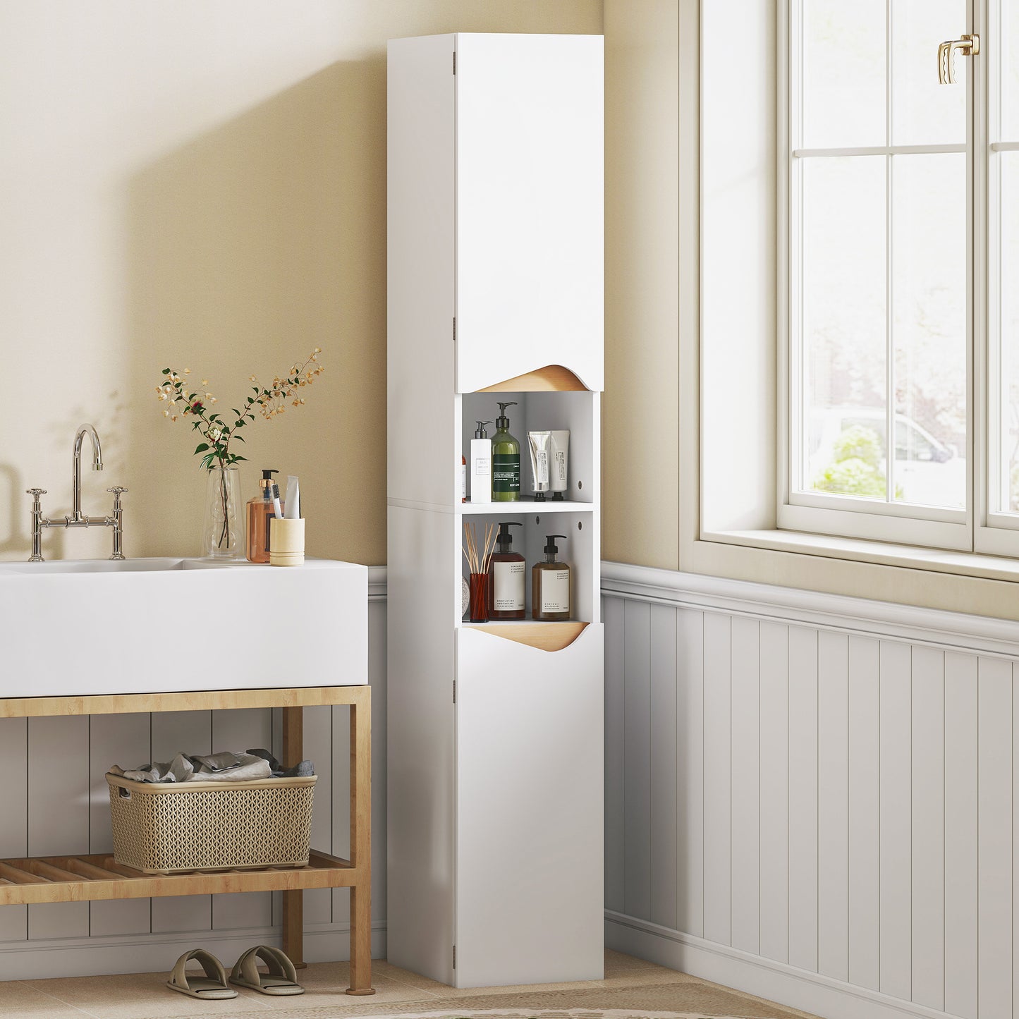 Tall Slim Bathroom Cabinet with 2 Doors, 2 Shelves - White