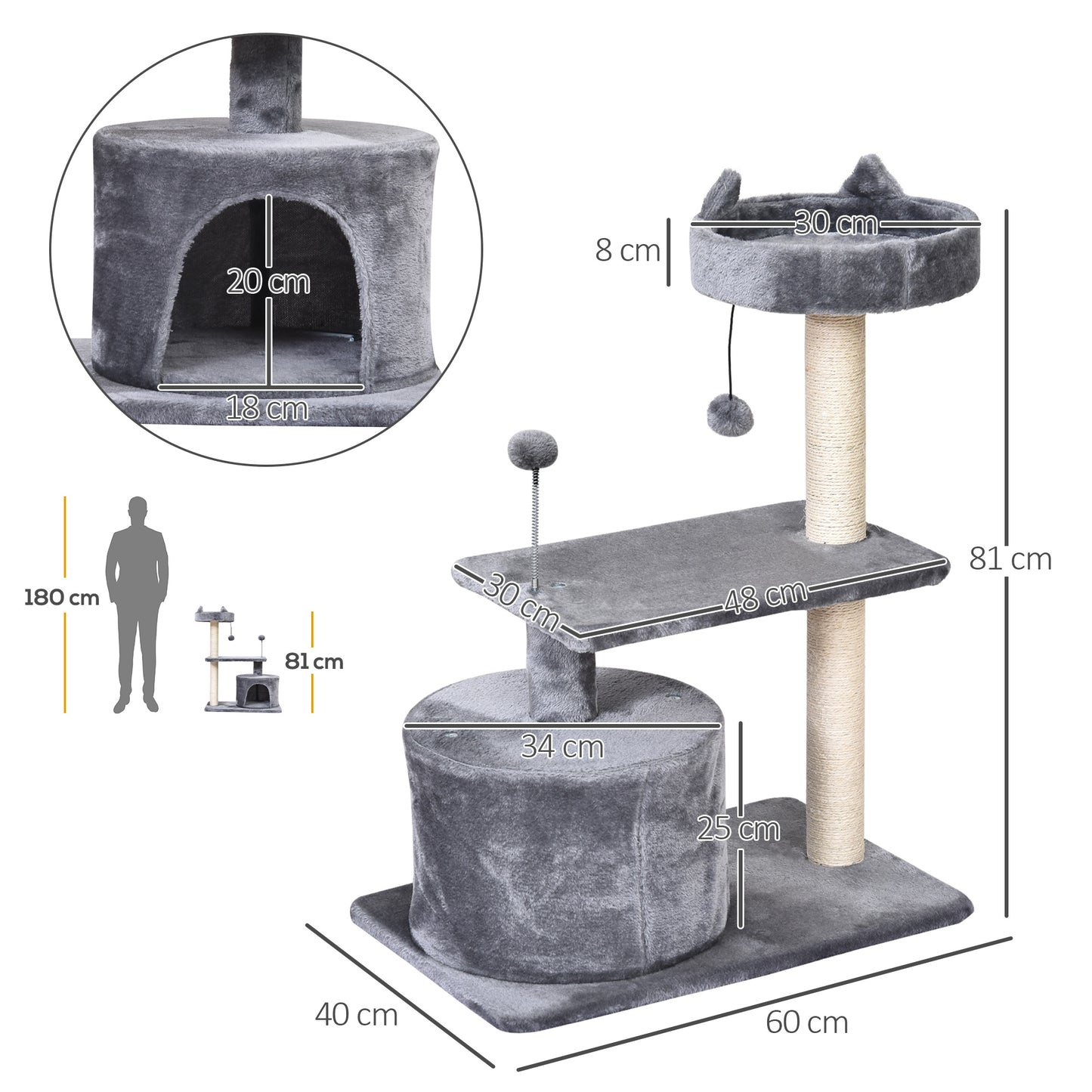 Cat Tree for Indoor Cats with Scratching Post Climbing Tower Kitty Activity Centre Condo Perch Jumping Platforms Grey 60L x 4