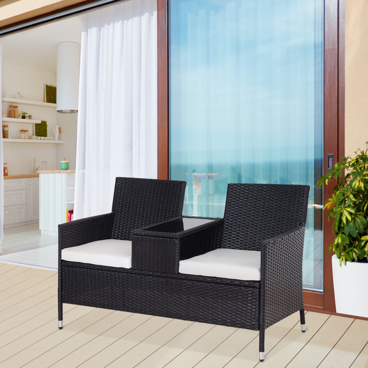 2-Seater Rattan Chair Set W/Middle Tea Table-Black