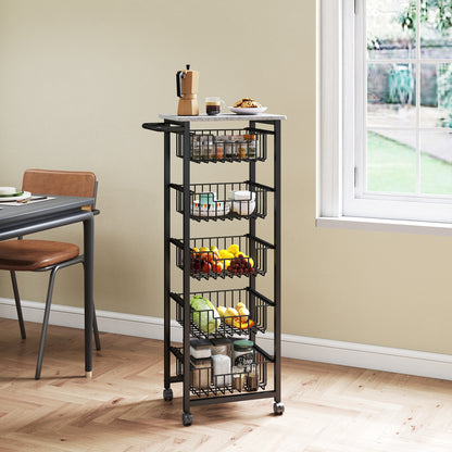 Five Basket Mobile Kitchen Island, with Brakes - Grey/Black