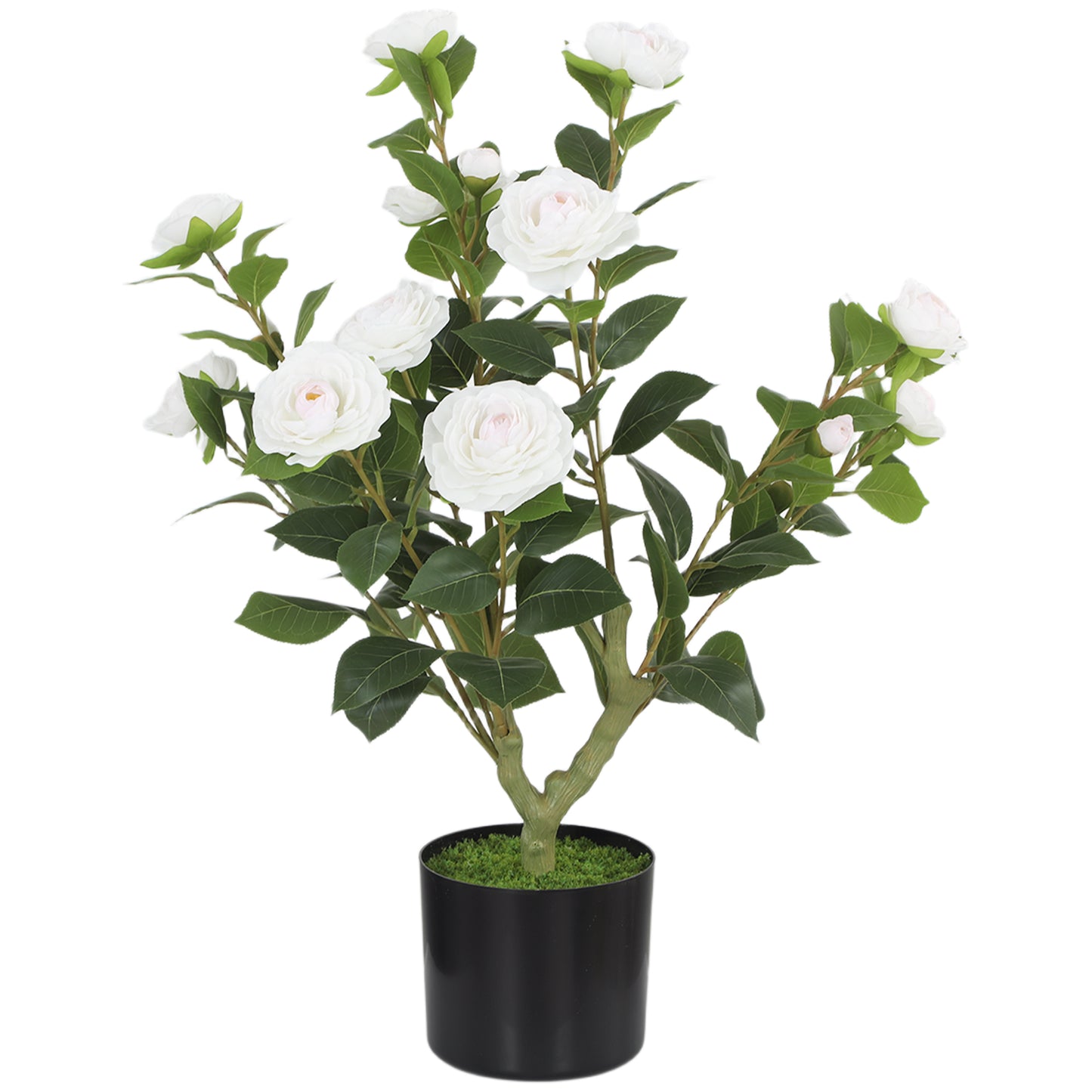 65cm Artificial Camellia Flower Plant in Pot with 116 Lush Leaves & Moss Effect, White