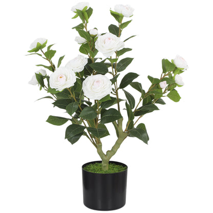 65cm Artificial Camellia Flower Plant in Pot with 116 Lush Leaves & Moss Effect, White