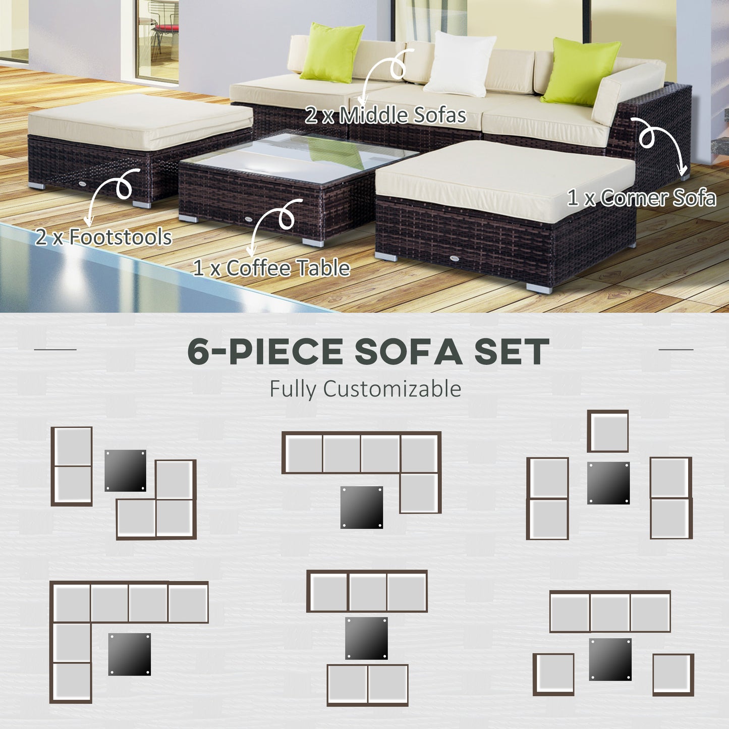 6 PC Rattan Sofa Coffee Table Set, Sectional Wicker Weave Furniture for Garden Outdoor Conservatory with Pillow Cushion