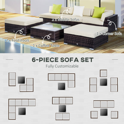 6 PC Rattan Sofa Coffee Table Set, Sectional Wicker Weave Furniture for Garden Outdoor Conservatory with Pillow Cushion