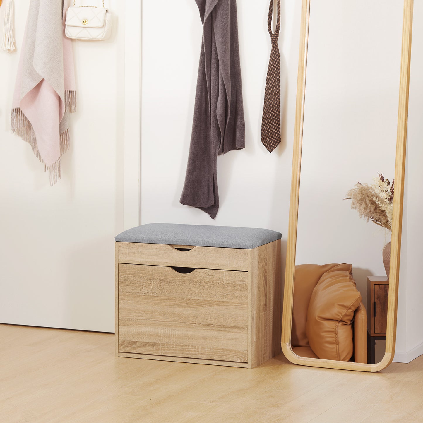 Shoe Bench with Cushion for 4 Pair of Shoes, Storage Bench with Padded Seat, Flip-up Cabinet and Hidden Space for Entryway