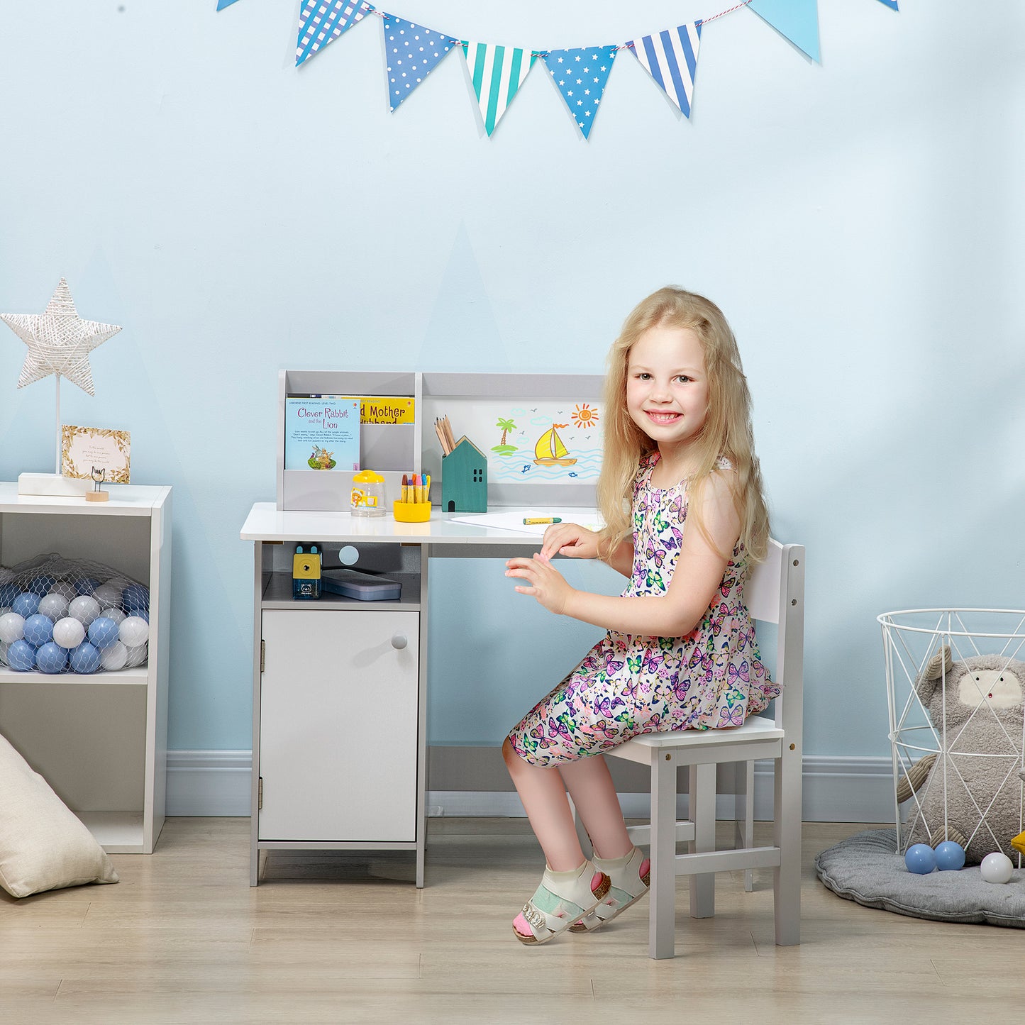 Kids Table and Chair Set w/ Whiteboard - Grey
