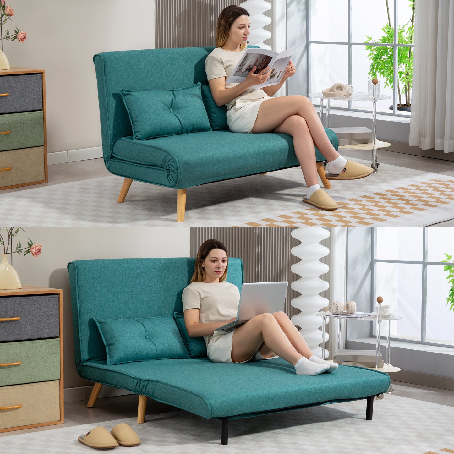 Two-Seater Linen-Look Sofa Bed - Green