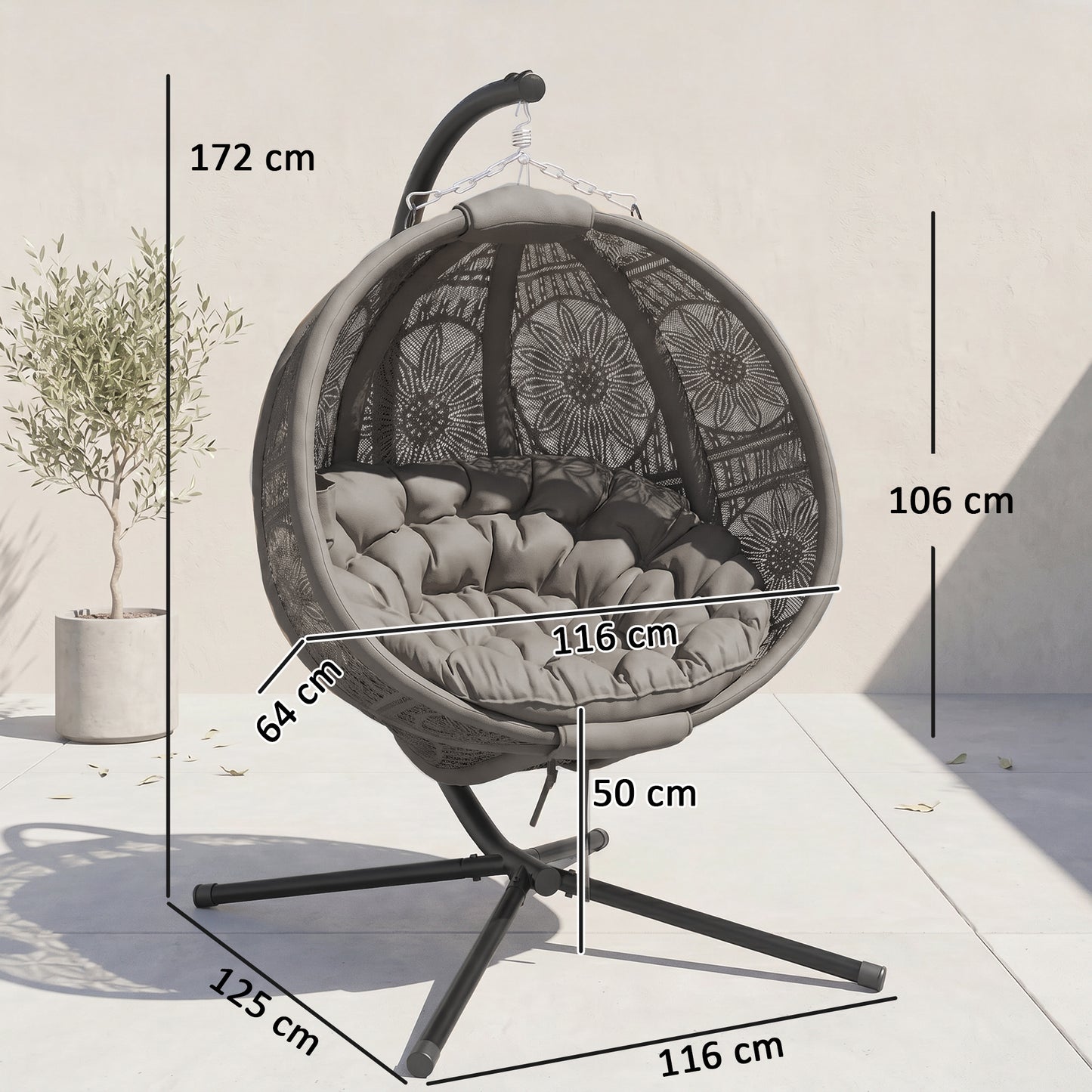 Round Egg Basket Chair, with Steel Stand, Charcoal Grey