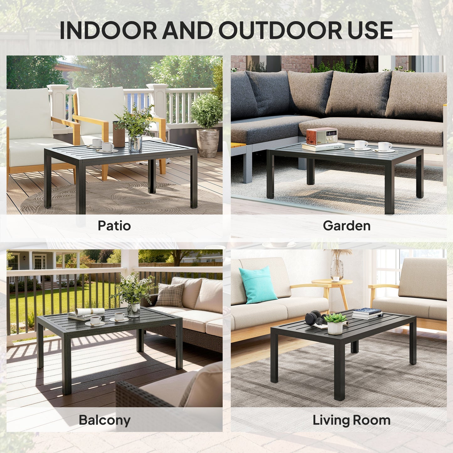 Outdoor Side Table, Rectangular Patio Coffee Side Table with Steel Frame and Slat Tabletop for Garden, Balcony, Grey