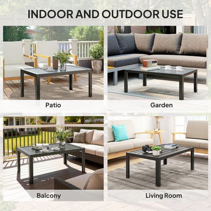 Outdoor Side Table, Rectangular Patio Coffee Side Table with Steel Frame and Slat Tabletop for Garden, Balcony, Grey