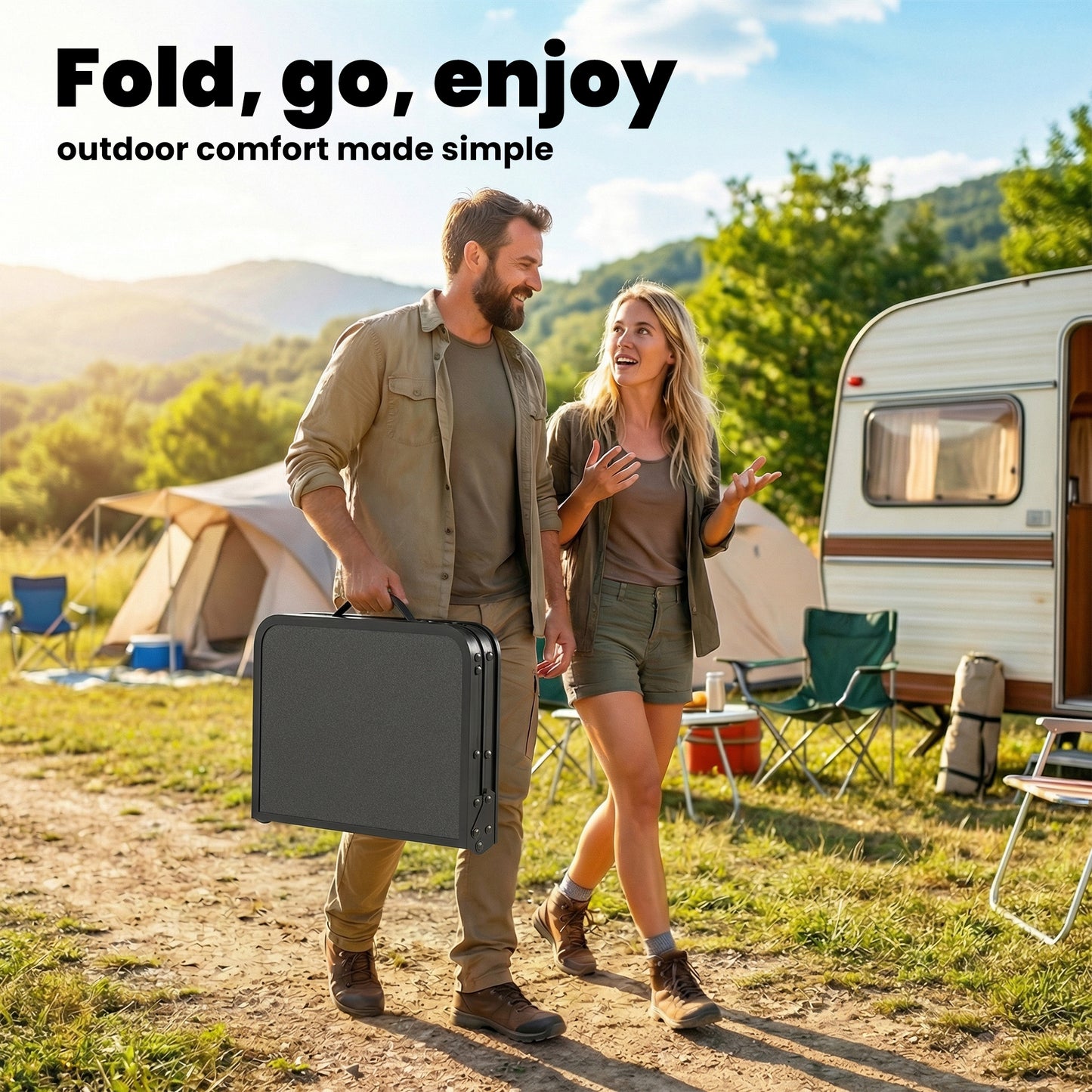 2ft Folding Camping Table, Picnic Table with Mesh Storage Layer, 4 Adjustable Heights and Carrying Handle, Black