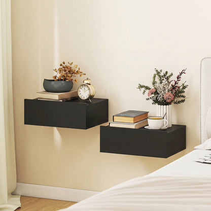 Floating Bedside Table Set of 2, Wall-Mounted Nightstand with Storage Drawer, Small Side End Table for Bedroom, Black