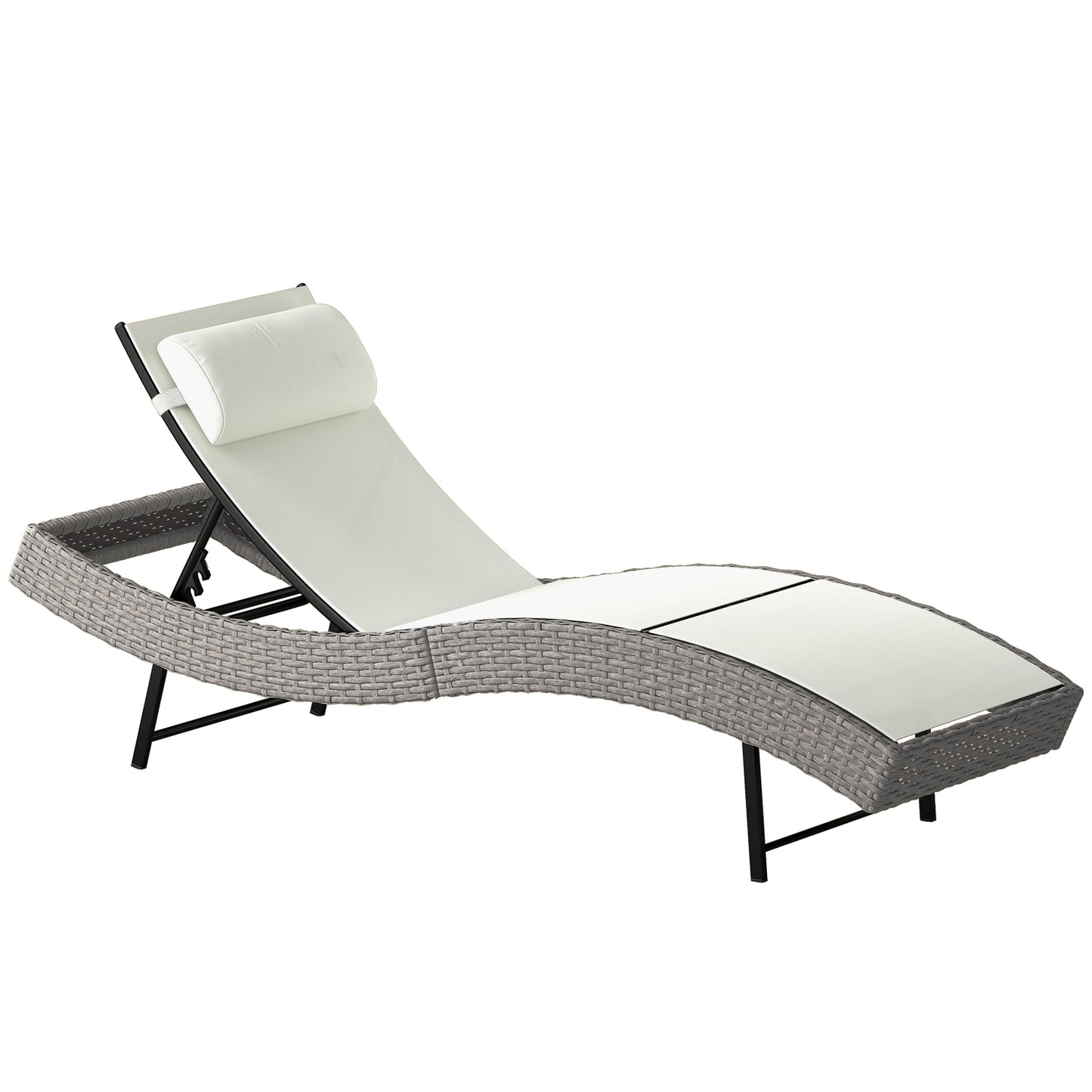 Rattan Sun Lounger, Garden Recliner with 5 Position Adjustable Back, S Shaped Texteline Seat, Headrest, Cream White
