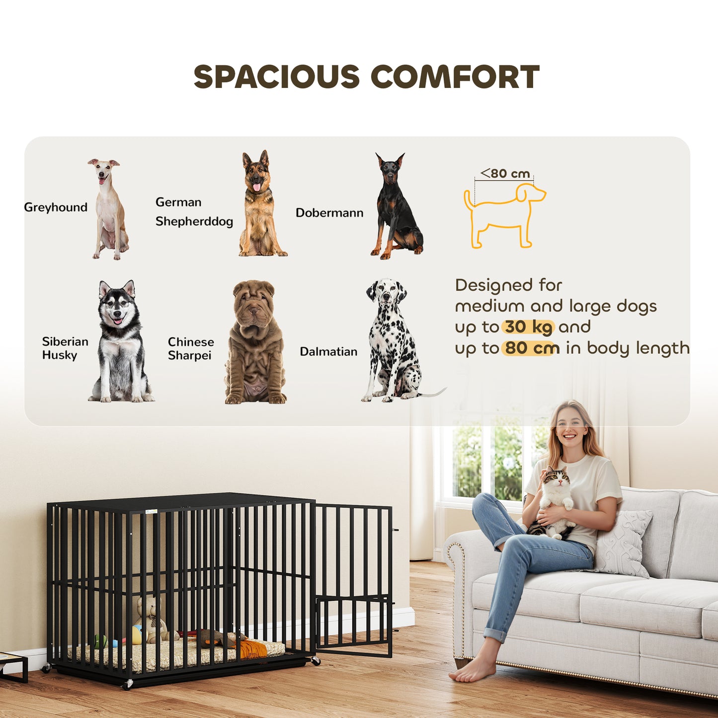 Heavy Duty Dog Crate, Dog Cage with Wheels for Medium Large Breeds, Metal Pet Kennel with Removable Tray