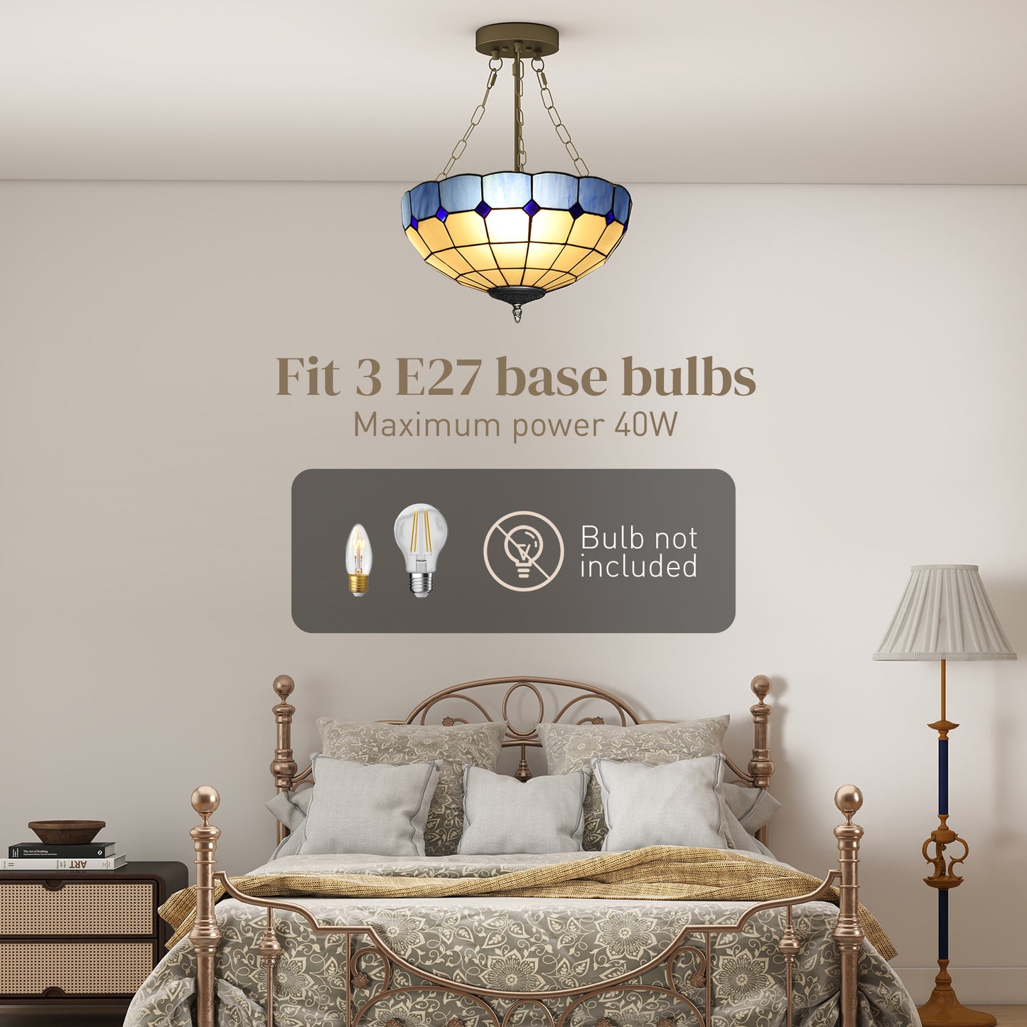 Tiffany Style Ceiling Light, Vintage Chandelier with 3 E27 Sockets, Semi Flush Mount for Living Room, Bulbs Not Included