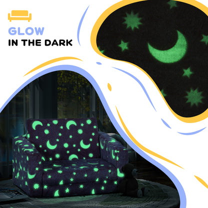 2 in 1 Kids Folding Bed Armchair with Glow in The Dark Cosmic Design, Washable Cushion and Cover, Pink