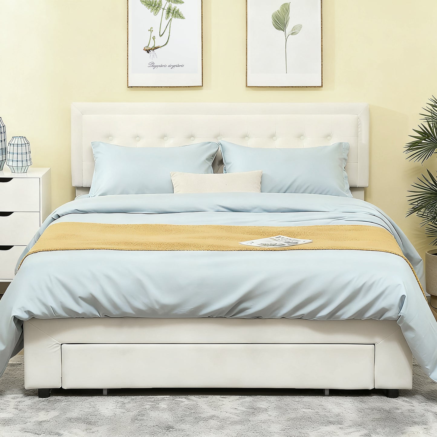 King Size Ottoman Bed Frame, with Front Drawer - Cream