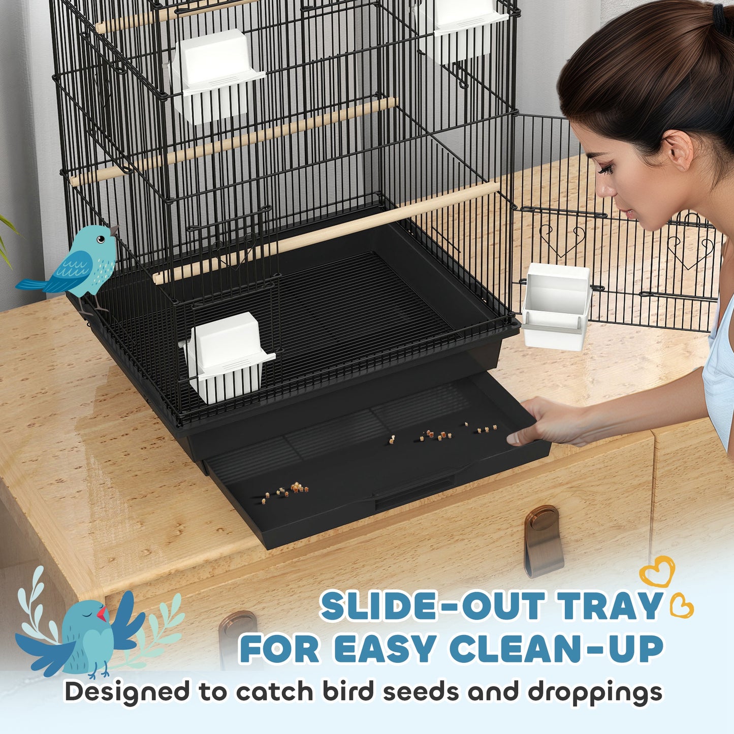 Metal Bird Cage with Plastic Swing, Perch, Food Container, Tray, Handle, for Finches, Canaries, 43 x 32.5 x 104cm