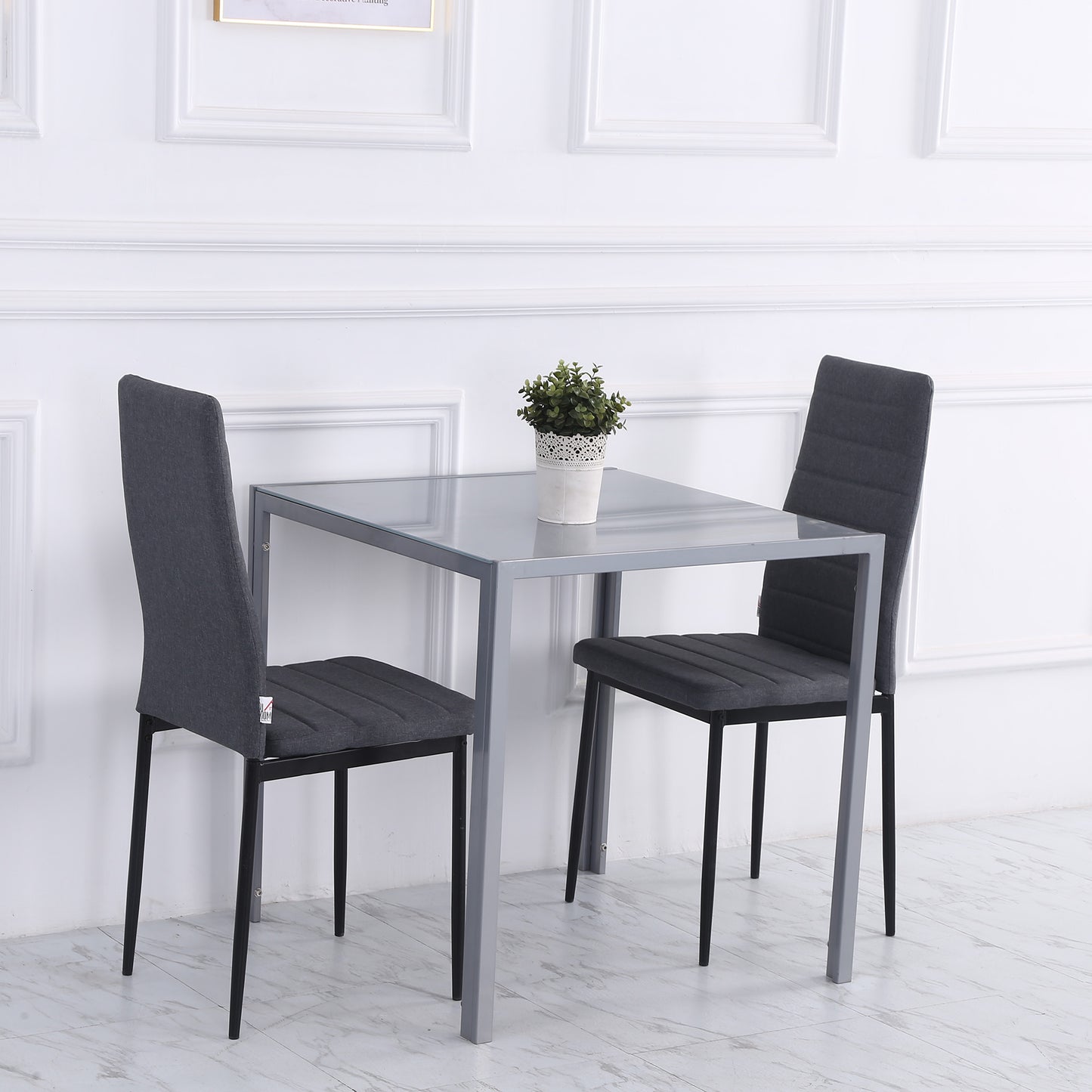 Modern Square Dining Table for 2-4 People, with Glass Top & Metal Legs for Dining Room, Living Room, Grey