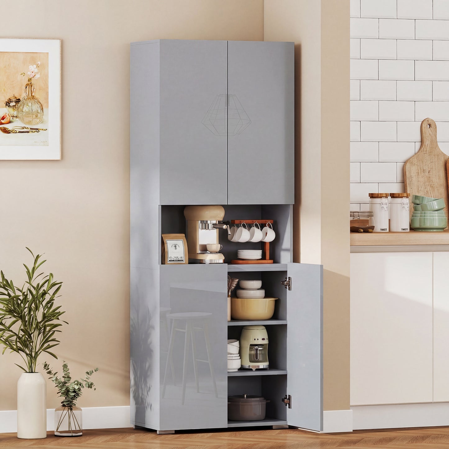 180 cm Tall Kitchen Cupboard, Pantry Storage Cabinet with Soft Close Doors and Adjustable Shelves, High Gloss Grey