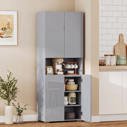 180 cm Tall Kitchen Cupboard, Pantry Storage Cabinet with Soft Close Doors and Adjustable Shelves, High Gloss Grey