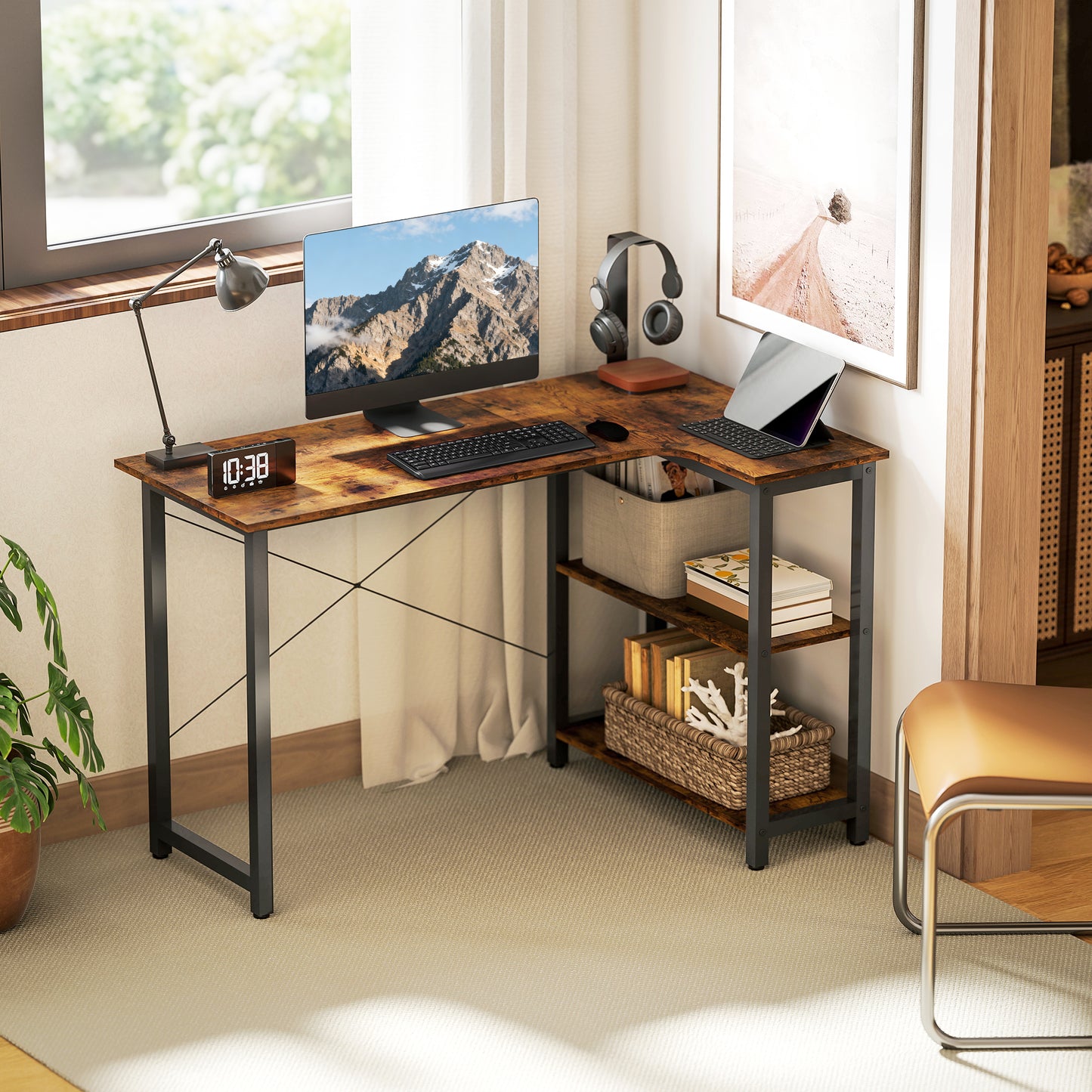 L Shaped Desk, Corner Computer Desk with Bookshelf for Home Office, Study Room, Workstation, 120 x 73.2 x 75cm, Rustic Brown
