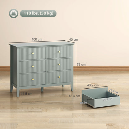 Fluted Dresser, 6 Drawer Chest of Drawers for Bedroom, Living Room, Hallway, Closet, Green