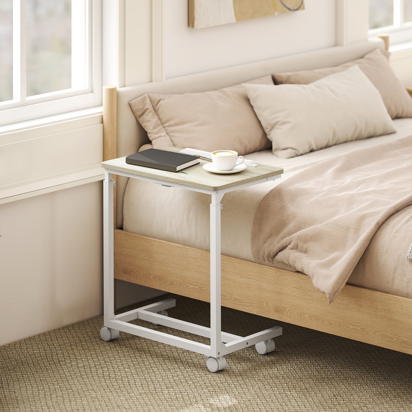 C-Shaped Sofa Side Table, Height Adjustable Overbed Table with Tilting Desktop, Mobile Laptop Desk for Living Room Bedroom