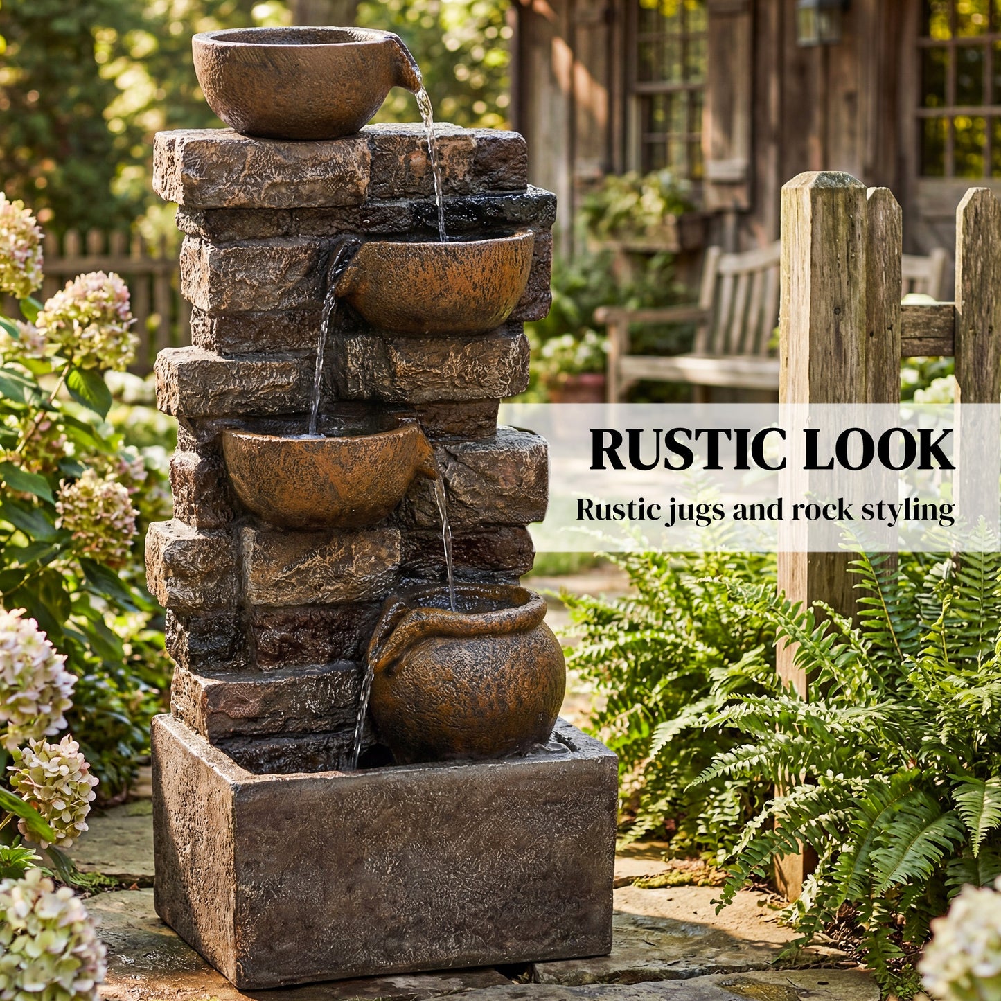 28" 5-Tier Outdoor Fountain, Cascading Waterfall Feature with LED Lights, Adjustable Flow, Rustic Brown