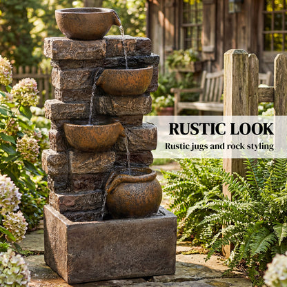 28" 5-Tier Outdoor Fountain, Cascading Waterfall Feature with LED Lights, Adjustable Flow, Rustic Brown