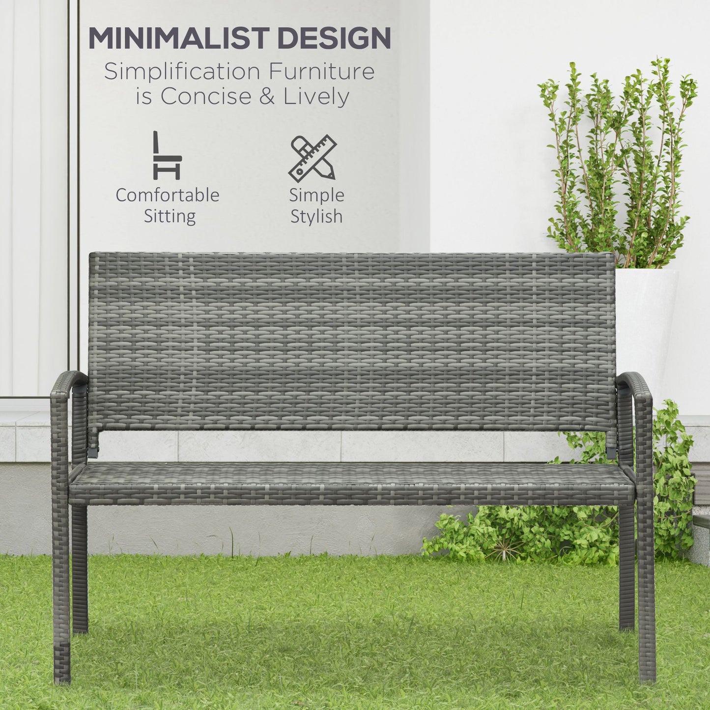 2 Seater Poly Rattan Garden Bench, All Weather Wicker Garden Loveseat, Outdoor Seating Bench with 240 Load Capacity